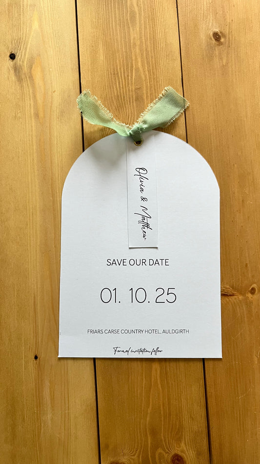 Ribbon Arch Save the Date with tag