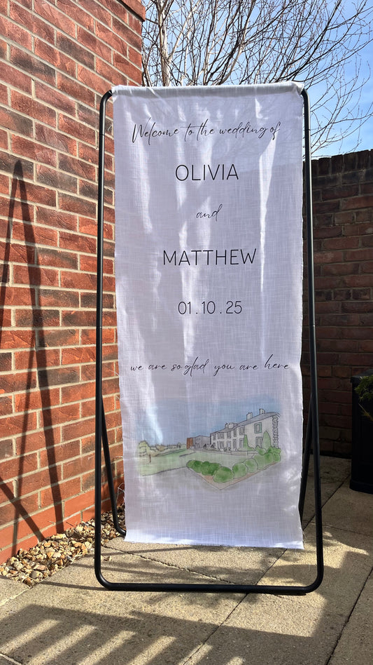 Fabric Welcome Sign with Watercolour Venue Illustration & Vinyl Lettering on Linen
