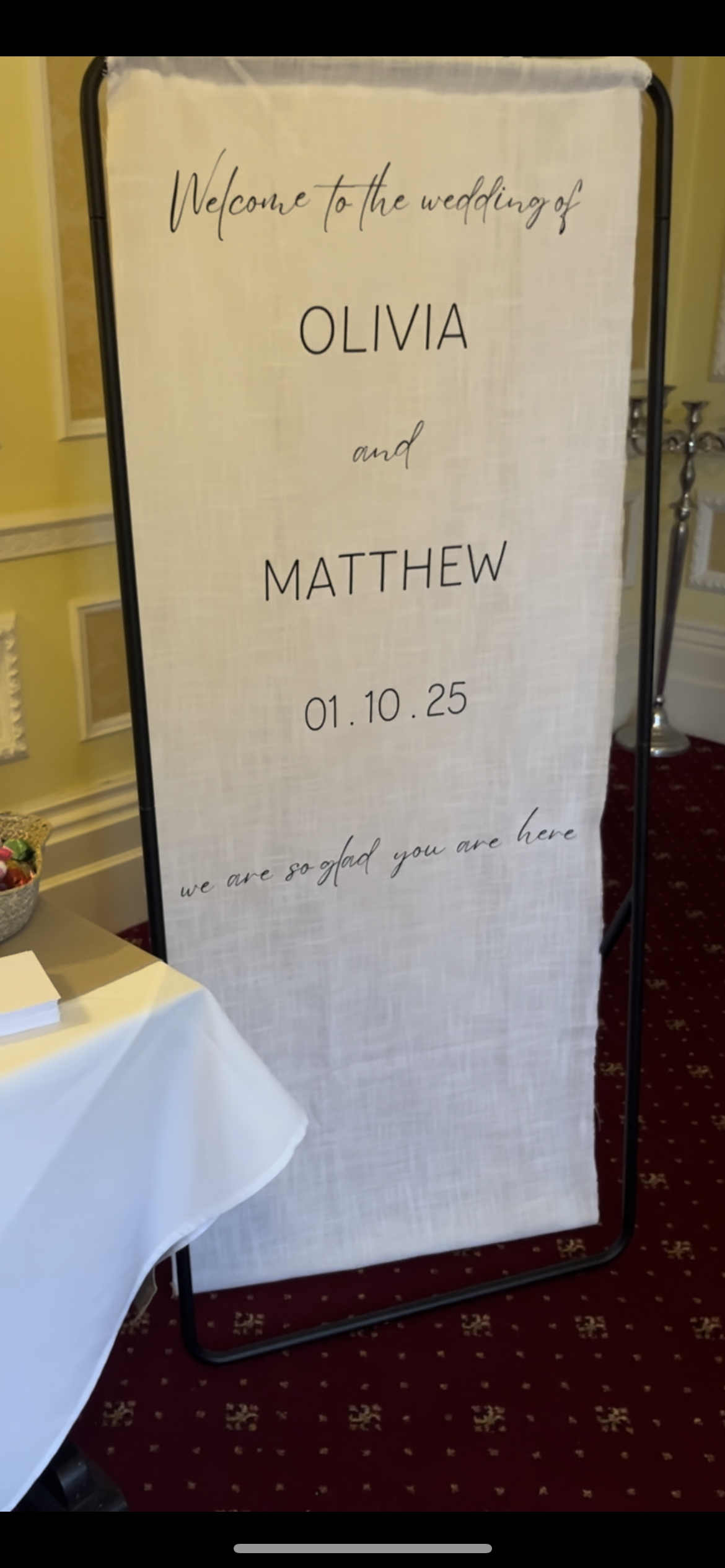 Fabric Welcome Sign with Watercolour Venue Illustration & Vinyl Lettering on Linen
